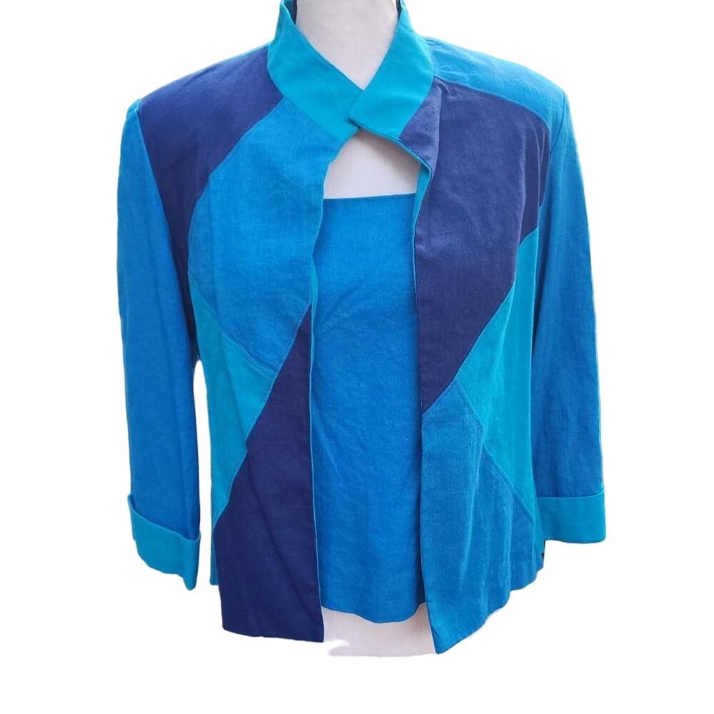 VTG 80s Linen Colorblock Set Sz 10 Office Tank Jacket Career Minimalist Coastal
